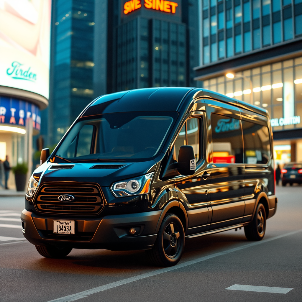 2025 Ford Transit, black color, parked in a vibrant urban setting with city lights and modern buildings to attract customers