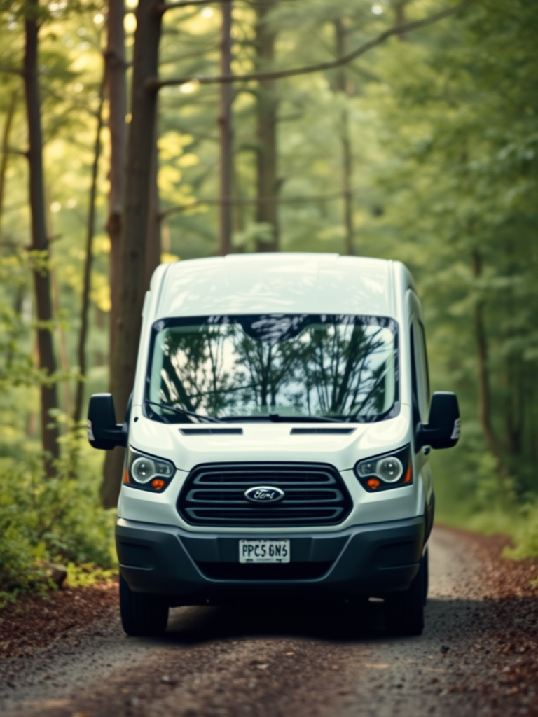 Ford Transit 12-passenger van in a forest